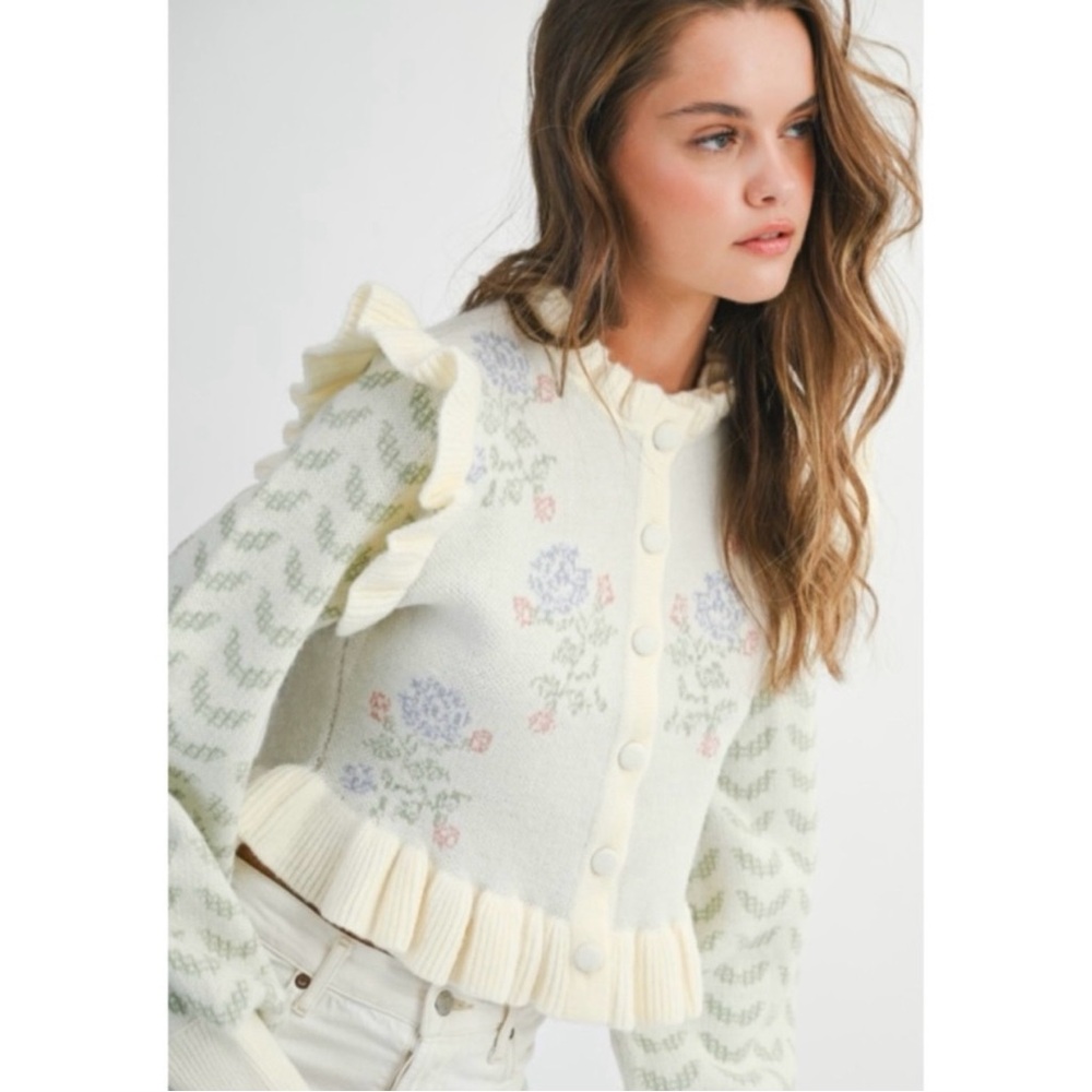 MABLE | Eloise Long Sleeve Ruffle Floral Print Crop Cardigan ~ NWT Medium - Picture 6 of 14
